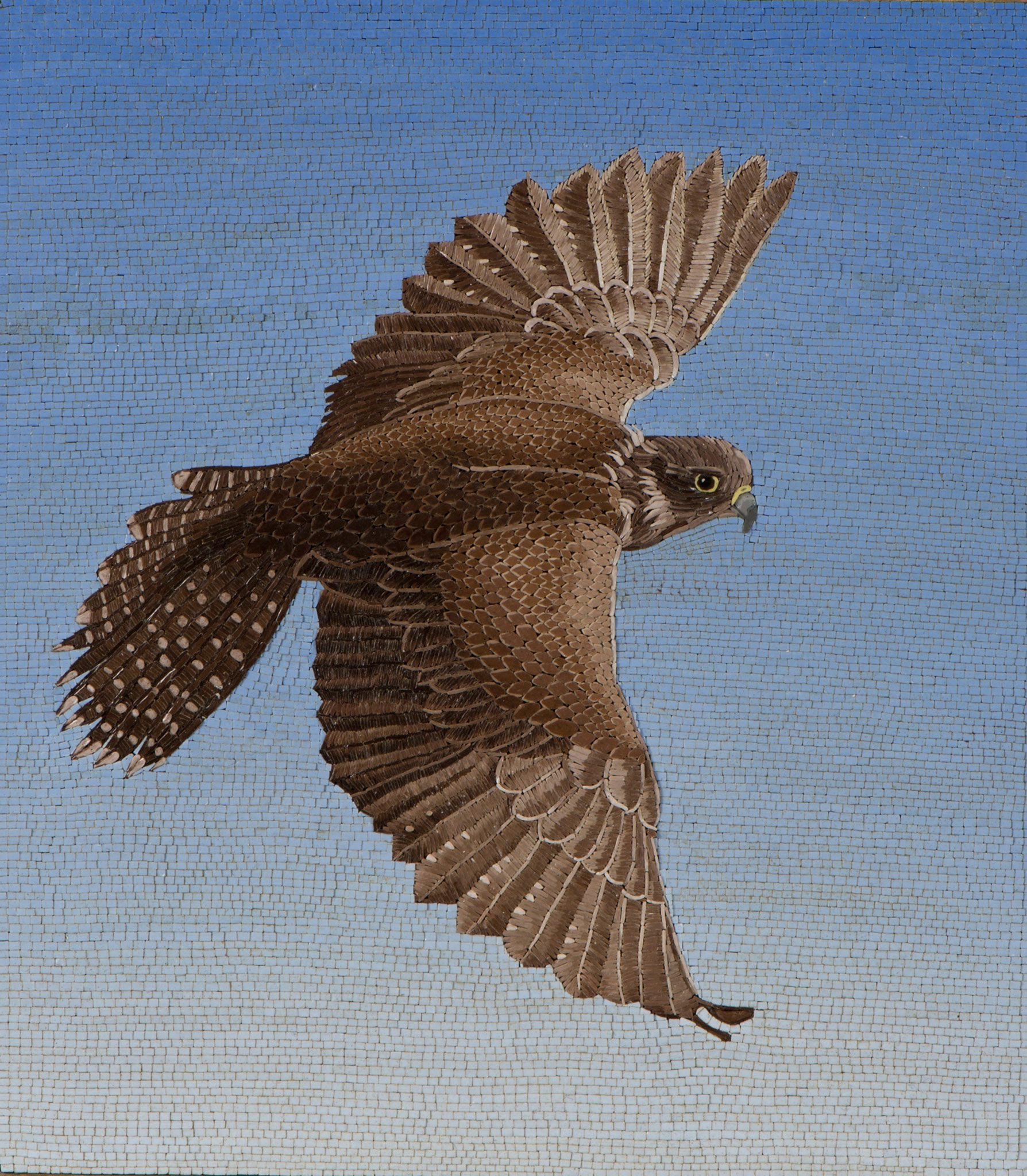 Falcon micromosaic created by Kempini from more than twenty thousand hand-spun glass tesserae