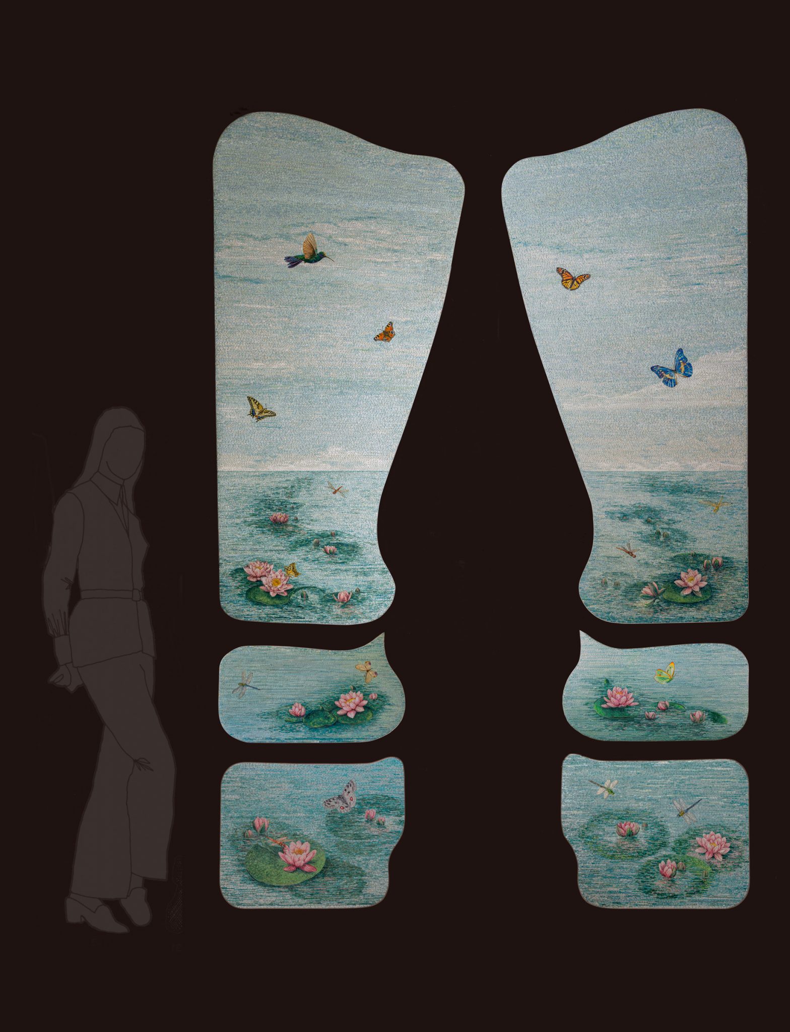 Large contemporary micromosaic lake landscape with butterflies and water lilies